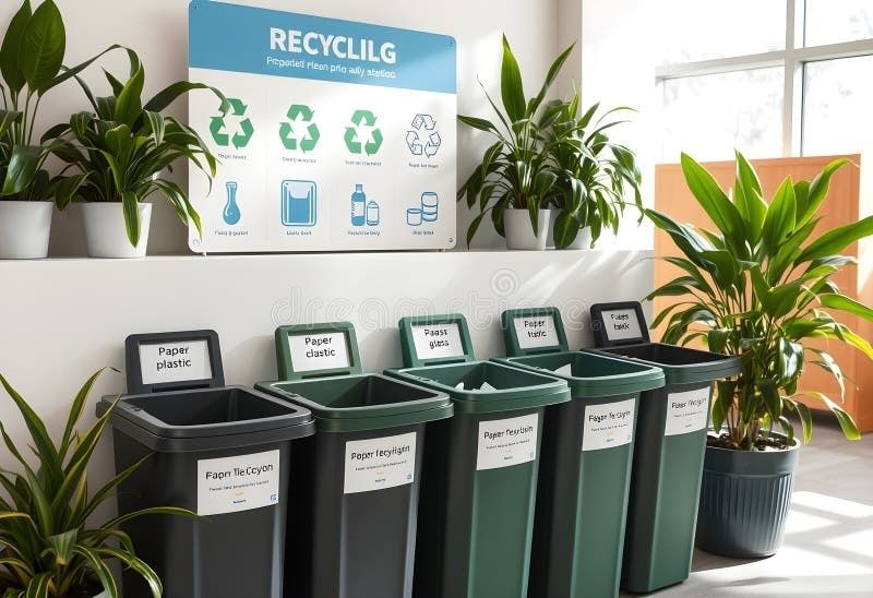 Sorteringsstation med märkta kärl för plast, papper och glas på kontor